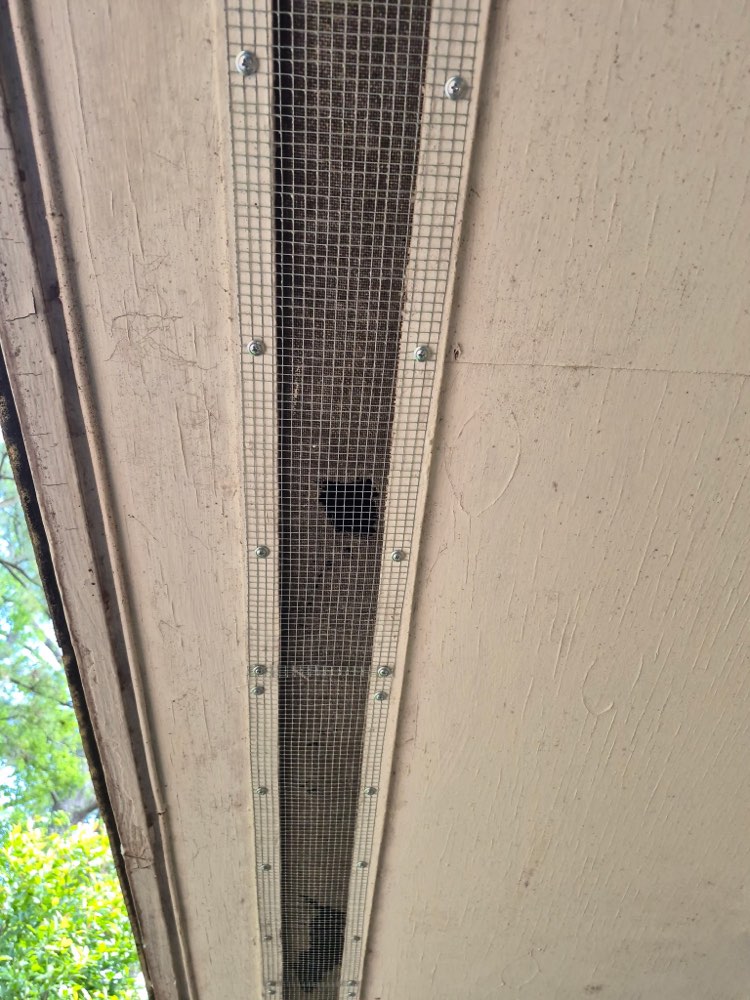Galvanized hardware cloth installed over a gap along a soffit to seal out roof rats and mice, on a Guardian Pest Solutions job
